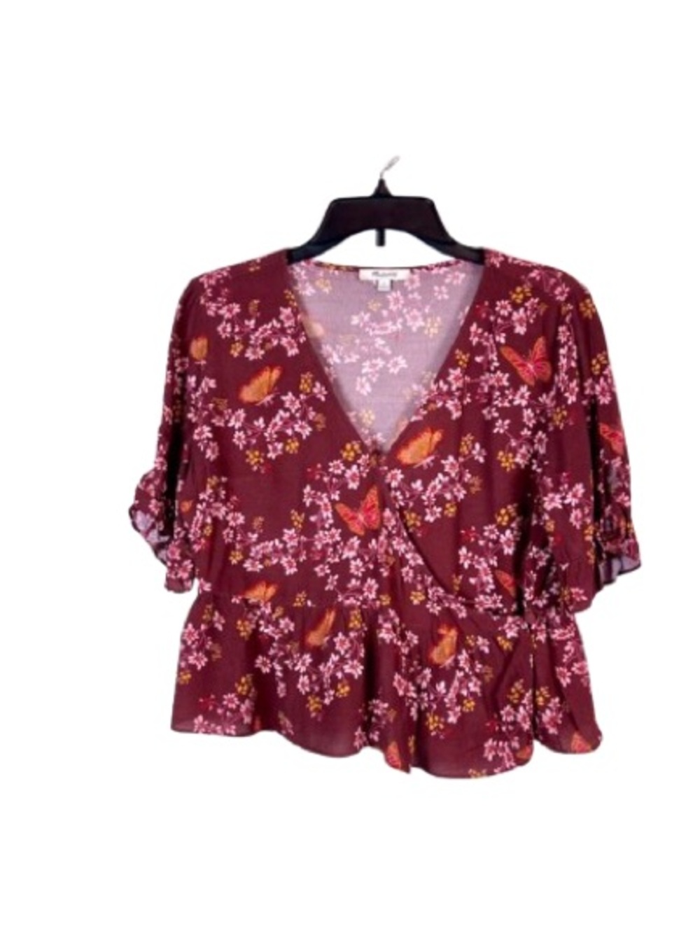 Madewell Red Floral Wrap Top Butterfly Sanctuary Ruffle Hem V-Neck Tie Blouse L